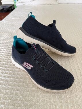 Skechers Navy Knit Slip-On Sneakers with Teal Lining and Pink Logo